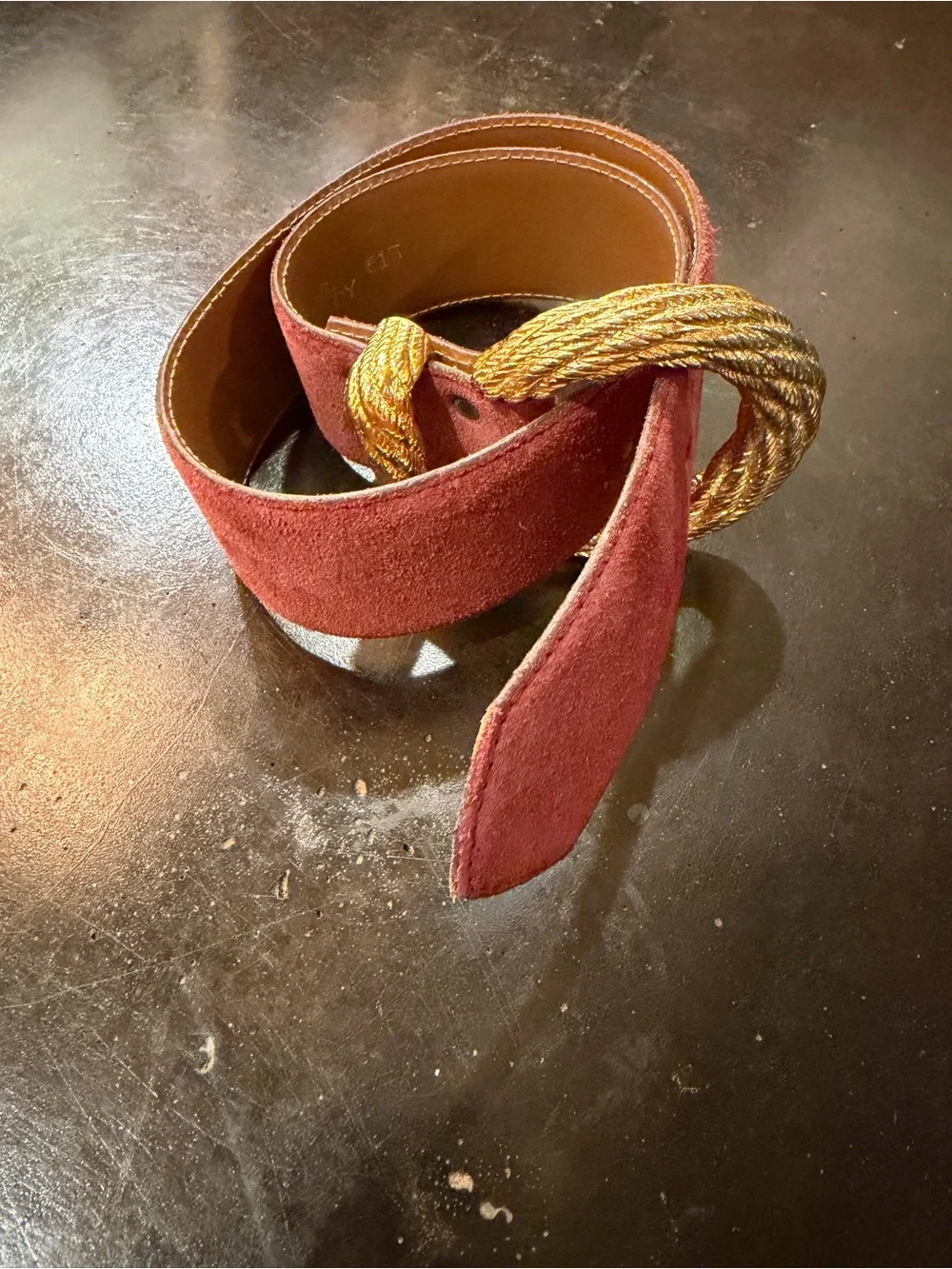 Vintage Linda Allard by Ellen Tracy burgundy suede belt w/gold rope buckle